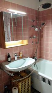 a bathroom with a sink and a tub and a mirror at Ferienwohnung mit Aussicht in Enzklösterle