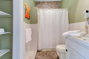 La salle de bains est pourvue d'un rideau de douche et de toilettes. dans l'établissement Market Street Loft B, à Wilmington