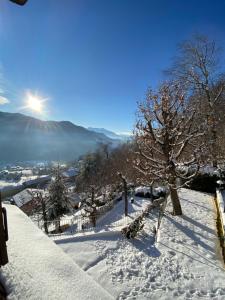 a snow covered hill with the sun in the background at Chalet Alma in Frabosa Sottana