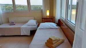 2 Betten in einem Zimmer mit 2 Fenstern in der Unterkunft Magnificent View Villa in Alexandroupoli