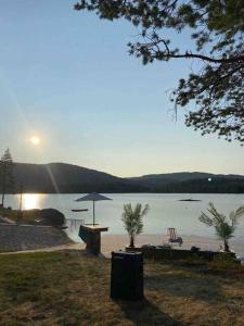 un tavolo con ombrellone accanto a un corpo d'acqua di Leilighet Åmdals Verk, Telemark a Åmdals Verk