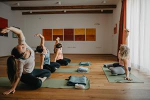 a group of people doing yoga in a room at Casa Krasna Gourmet Boutique Hotel in Lokev