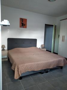 a bedroom with a large bed with a brown bedspread at A LA CLAIRE FONTAINE in Sainte-Suzanne