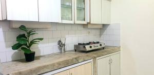 a kitchen with a stove and a plant on a counter at CALANGUTE BEACH VILLA # 3BHk # POOL # KITCHEN # 300MTS TO BEACH by GR Stays in Calangute