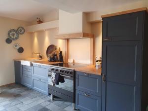 a kitchen with blue cabinets and a stove top oven at Vakantiehuis Dur Piepert in Eys +27 photos