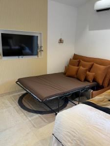 a couch sitting in a room with a flat screen tv at Suite La Farigoulette in Marseille