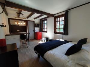 Saint-Nicolas-la-ChapelleChalet Appart'Hôtel l'Eau Vive的一间卧室配有一张大床和一张书桌