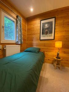 een slaapkamer met een bed, een lamp en een raam bij Knus boshuisje middenin de natuur in Doldersum