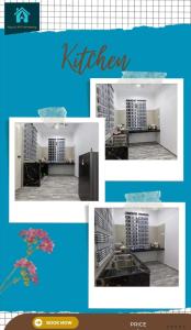 uma colagem de quatro imagens de uma cozinha com edifícios em Alya&Afif Homestay em Papar
