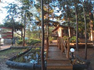 a wooden walkway leading to a log cabin at Lodge Terra Mar in Pichilemu