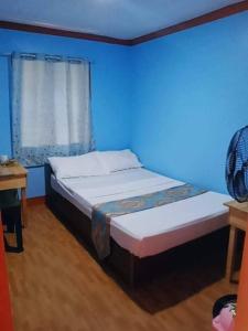 2 camas en una habitación con una pared azul en JayDin Travellers Inn en Panglao City