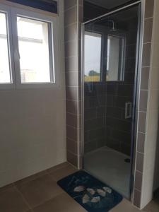 prysznic ze szklanymi drzwiami w łazience w obiekcie Gîte paisible rénové w mieście Hagetmau