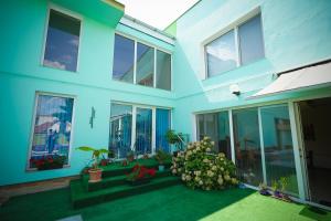 a blue building with potted plants and windows at Pensiunea Dolce in Timişoara