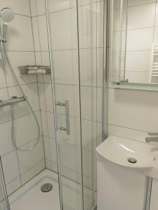 ein weißes Bad mit einer Dusche und einem Waschbecken in der Unterkunft Sehr schöne seperate Wohnung 2-Zimmer Küche/Bad in Erzhausen