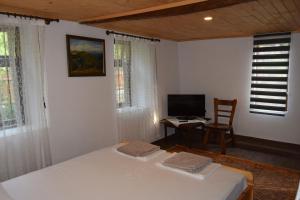 a bedroom with a bed and a desk with a television at Тихия кът in Malchovtsi