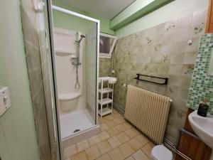 uma casa de banho com um chuveiro e um lavatório. em chez Jean-Marc et Colette em Le Molay-Littry