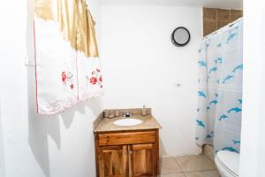 a bathroom with a sink and a toilet and a shower at Skyline Suites, breathtaking mountains & city view apts in Montego Bay
