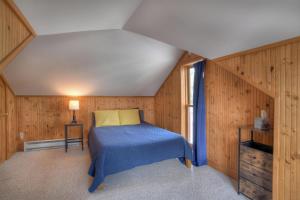 een slaapkamer met een blauw bed in een kamer met houten wanden bij 421 Capital Ave in Creede