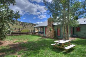 een picknicktafel voor een groen huis bij 421 Capital Ave in Creede