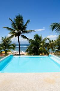 una piscina azul con palmeras y el océano en Villa Amado en Morro de São Paulo