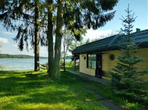a building with a tree next to a body of water at Mazurska Ostoja na Półwyspie - domki przy samym jeziorze in Mrągowo