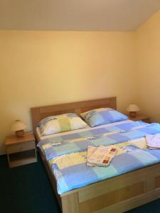 ein Bett mit zwei Kissen und ein Buch darauf in der Unterkunft APARTMÁNY SMRAĎAVKA č.ev.52 in Buchlovice
