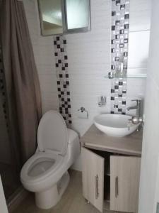 La salle de bains est pourvue de toilettes et d'un lavabo. dans l'établissement Apartamento en conjunto hacienda Peñaliza Limonar, à Ricaurte