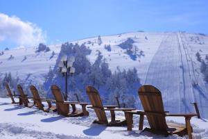 a row of chairs and a table in the snow at Kartal Hotel in Kartalkaya