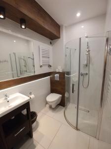 a bathroom with a shower and a toilet and a sink at RIWIERA Dźwirzyno in Dźwirzyno