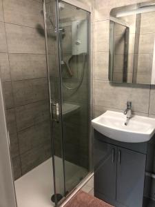 a bathroom with a shower and a sink at 1 bedroom ground floor apartment in Southbourne