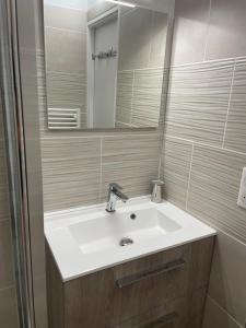 W łazience znajduje się biała umywalka i lustro. w obiekcie Appartement T2 de charme les minimes w La Rochelle