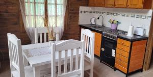 a kitchen with a stove and a white table and chairs at ENTRE VIÑAS in Ciudad Lujan de Cuyo