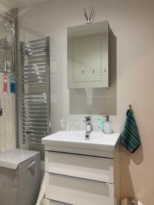 a bathroom with a white sink and a mirror at Hideaway Holiday Apartment in Salisbury