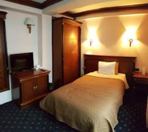 a hotel room with a bed and a television at ANGELS View in Skopje