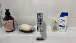 un lavandino in bagno con prodotti per l'igiene su un bancone di Hell, gemütlich, zentral - Appartement am Dom a Braunschweig