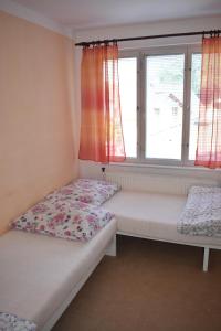 two beds in a room with a window at Penzion243 in Tábor