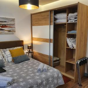 a bedroom with a bed and a closet at Jégmadár Apartman in Debrecen