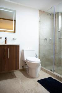 een badkamer met een toilet en een glazen douche bij Kolben Nuoma in Mexico-Stad