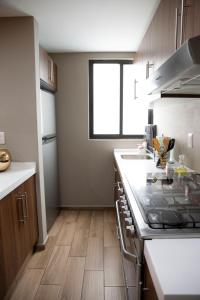a kitchen with a stove top oven next to a sink at Kolben Nuoma in Mexico City