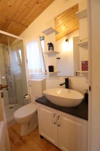 a bathroom with a white sink and a toilet at Căsuța din vale in Oradea