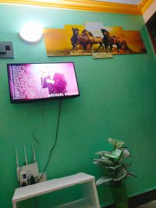 a flat screen tv hanging on a green wall at Phee home in Mombasa