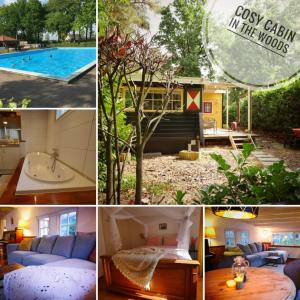 eine Collage mit Bildern eines Pools und eines Hauses in der Unterkunft Perfect get away - Cosy Cabin in the Woods in Diessen