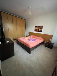 a bedroom with a bed and a tv and cabinets at Lovely spacious house with big garden in Elbasan