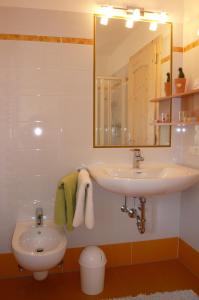 uma casa de banho com um lavatório e um espelho em Bio Kräuterhof Oberpalwitter em Barbiano