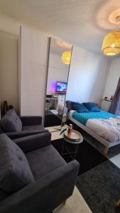 Posezení v ubytování Résidence Cosy, chambre privée non mitoyenne avec serrure dans un appartement de 50 m carrés