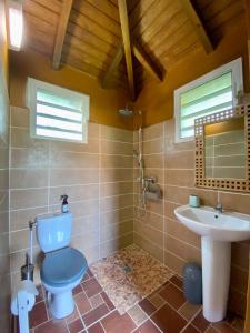 łazienka z toaletą i umywalką w obiekcie Bungalow Kataliya w mieście Petit-Bourg