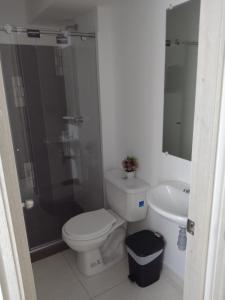 y baño con aseo, ducha y lavamanos. en Apartamento Amoblado Conjunto Terraverde en Ibagué