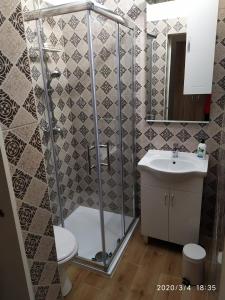 a bathroom with a shower and a toilet and a sink at Apartments and rooms with parking space Novi Vinodolski - 19860 in Novi Vinodolski