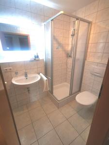 a bathroom with a shower and a sink at Ferienwohnung Orchidee in Miltach