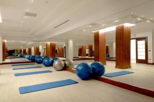 una fila de bolas de pilates azules en el suelo en una habitación en ALUSSO THERMAL HOTEL SPA en Afyon